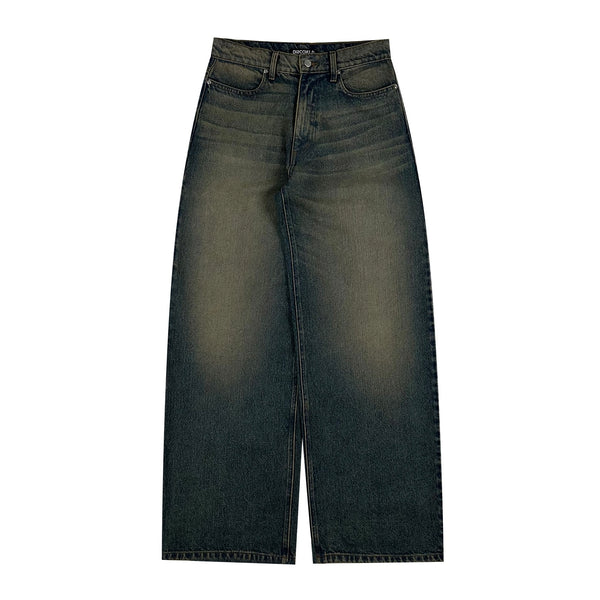 【BOK PLACE】Dadae Sand Washing Point Long Wide Denim Pants Vintage Sand Wash Wide-Leg Jeans with Stitch Detail